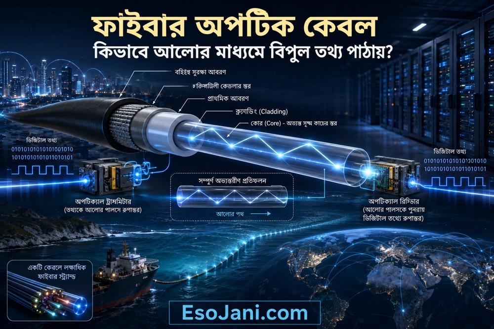 ফাইবার অপটিক কেবল কীভাবে আলোর মাধ্যমে বিপুল তথ্য পাঠায়? আধুনিক ইন্টারনেটের বিস্ময়কর প্রযুক্তি