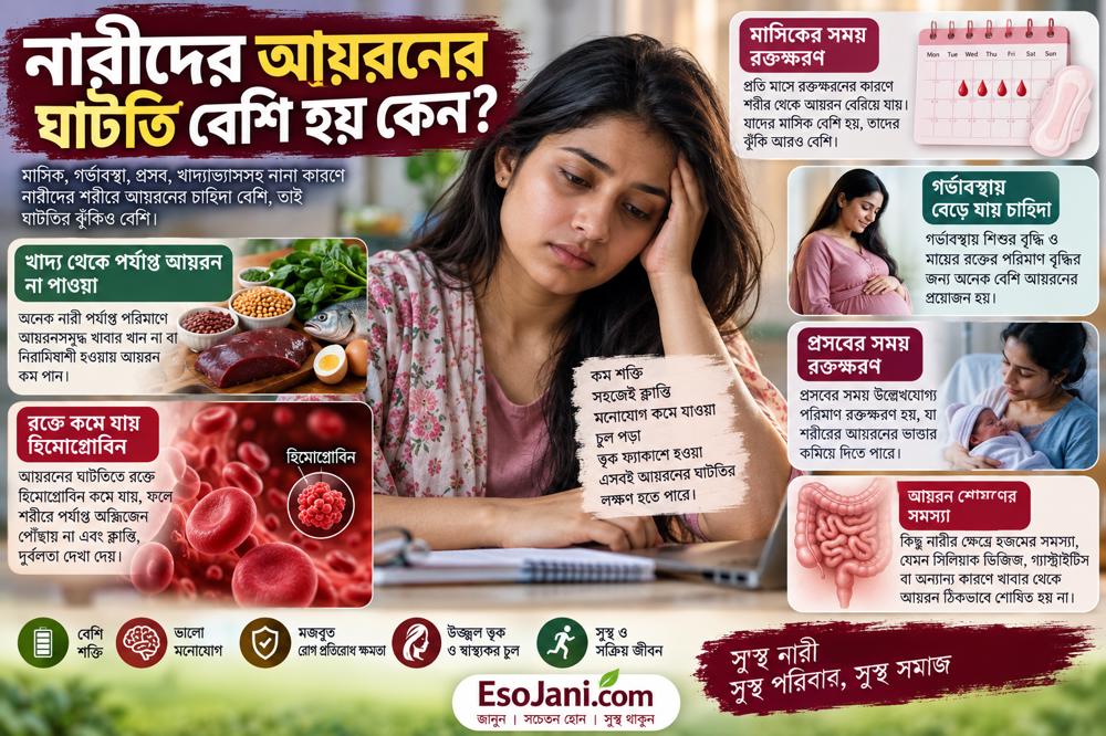 নারীদের আয়রনের ঘাটতি বেশি হয় কেন? মাসিক, গর্ভাবস্থা, খাদ্যাভ্যাস ও রক্তস্বল্পতার কারণ