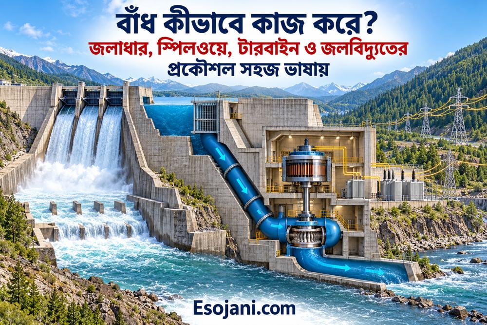 বাঁধ কীভাবে কাজ করে? জলাধার, স্পিলওয়ে ও জলবিদ্যুতের সহজ ব্যাখ্যা