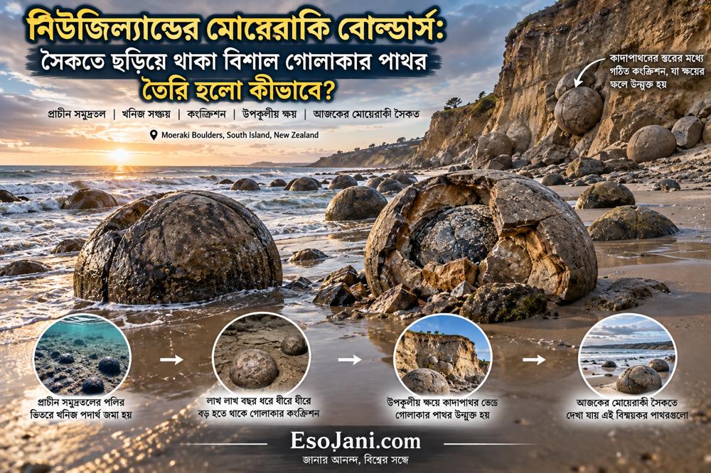 নিউজিল্যান্ডের মোয়েরাকি বোল্ডার্স: সৈকতে ছড়িয়ে থাকা বিশাল গোলাকার পাথর তৈরি হলো কীভাবে?