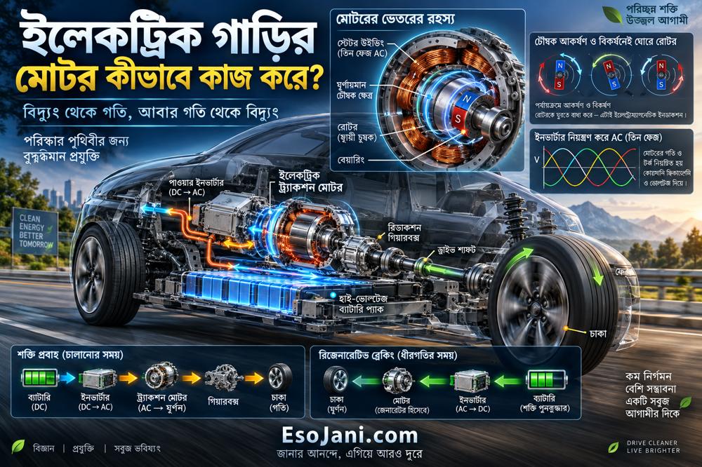 ইলেকট্রিক গাড়ির মোটর কীভাবে কাজ করে? বিদ্যুৎ থেকে চাকার ঘূর্ণন তৈরির সম্পূর্ণ বিজ্ঞান