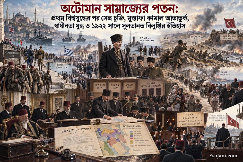 অটোমান সাম্রাজ্যের পতন: সেভ্র চুক্তি, আতাতুর্ক, তুর্কি স্বাধীনতা যুদ্ধ ও ১৯২২ সালে সুলতানতের অবসান