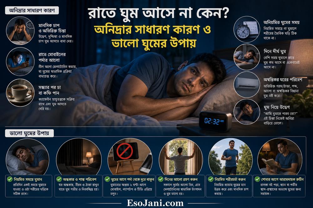 রাতে ঘুম আসে না কেন? অনিদ্রার সাধারণ কারণ, লক্ষণ ও ভালো ঘুমের কার্যকর উপায়