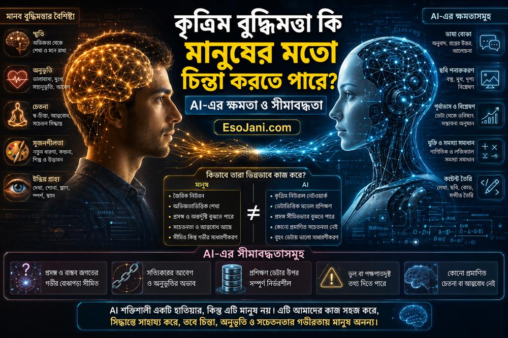 কৃত্রিম বুদ্ধিমত্তা কি মানুষের মতো চিন্তা করতে পারে? এআই-এর ক্ষমতা, বুদ্ধি ও সীমাবদ্ধতার গভীর বিশ্লেষণ