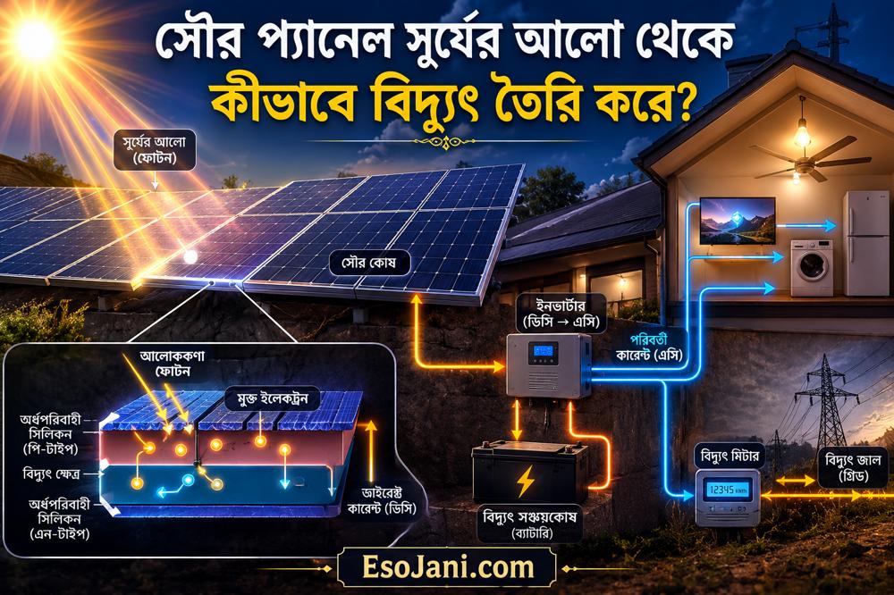 সৌর প্যানেল সূর্যের আলো থেকে কীভাবে বিদ্যুৎ তৈরি করে? ফটোভোল্টায়িক প্রযুক্তির বিজ্ঞান