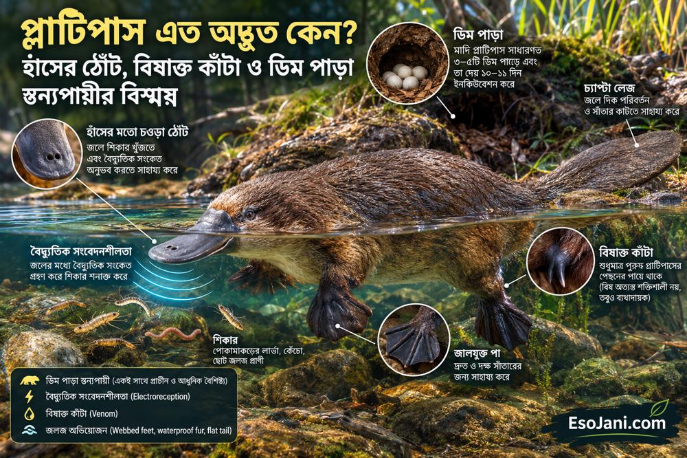 প্লাটিপাস এত অদ্ভুত কেন? হাঁসের ঠোঁট, বিষাক্ত কাঁটা ও ডিম পাড়া স্তন্যপায়ীর বিস্ময়