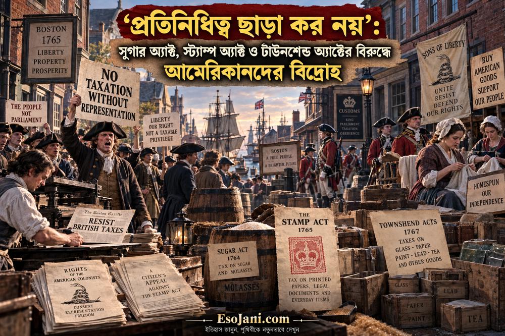 ‘প্রতিনিধিত্ব ছাড়া কর নয়’: সুগার, স্ট্যাম্প ও টাউনশেন্ড অ্যাক্টের বিরুদ্ধে আমেরিকান প্রতিরোধ