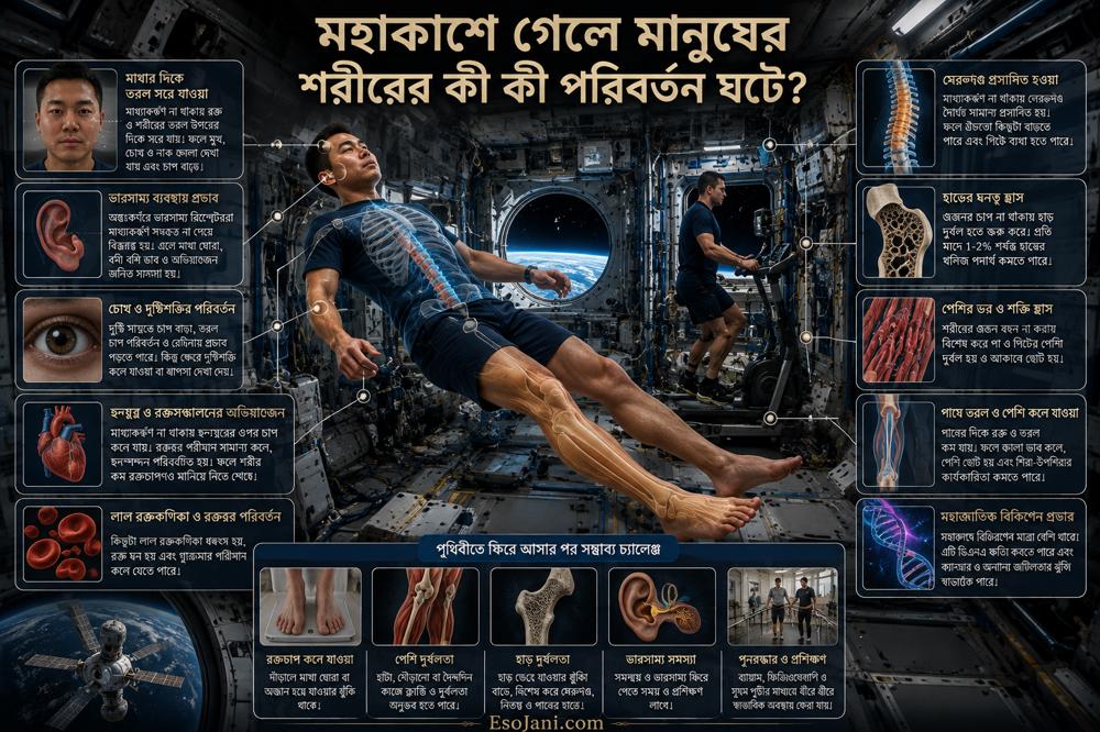মহাকাশে গেলে মানুষের শরীরের কী কী পরিবর্তন ঘটে? শূন্যের কাছাকাছি মাধ্যাকর্ষণে শরীরের বিস্ময়কর রূপান্তর