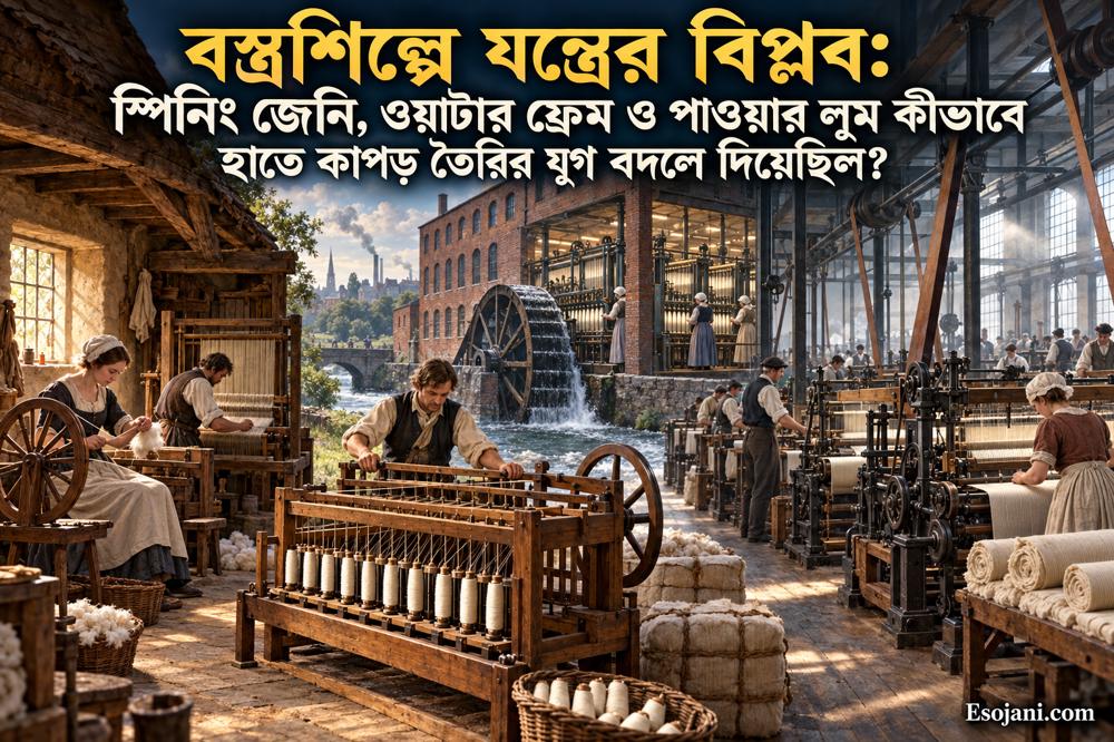 বস্ত্রশিল্পে যন্ত্রের বিপ্লব: স্পিনিং জেনি, ওয়াটার ফ্রেম ও পাওয়ার লুমের ইতিহাস