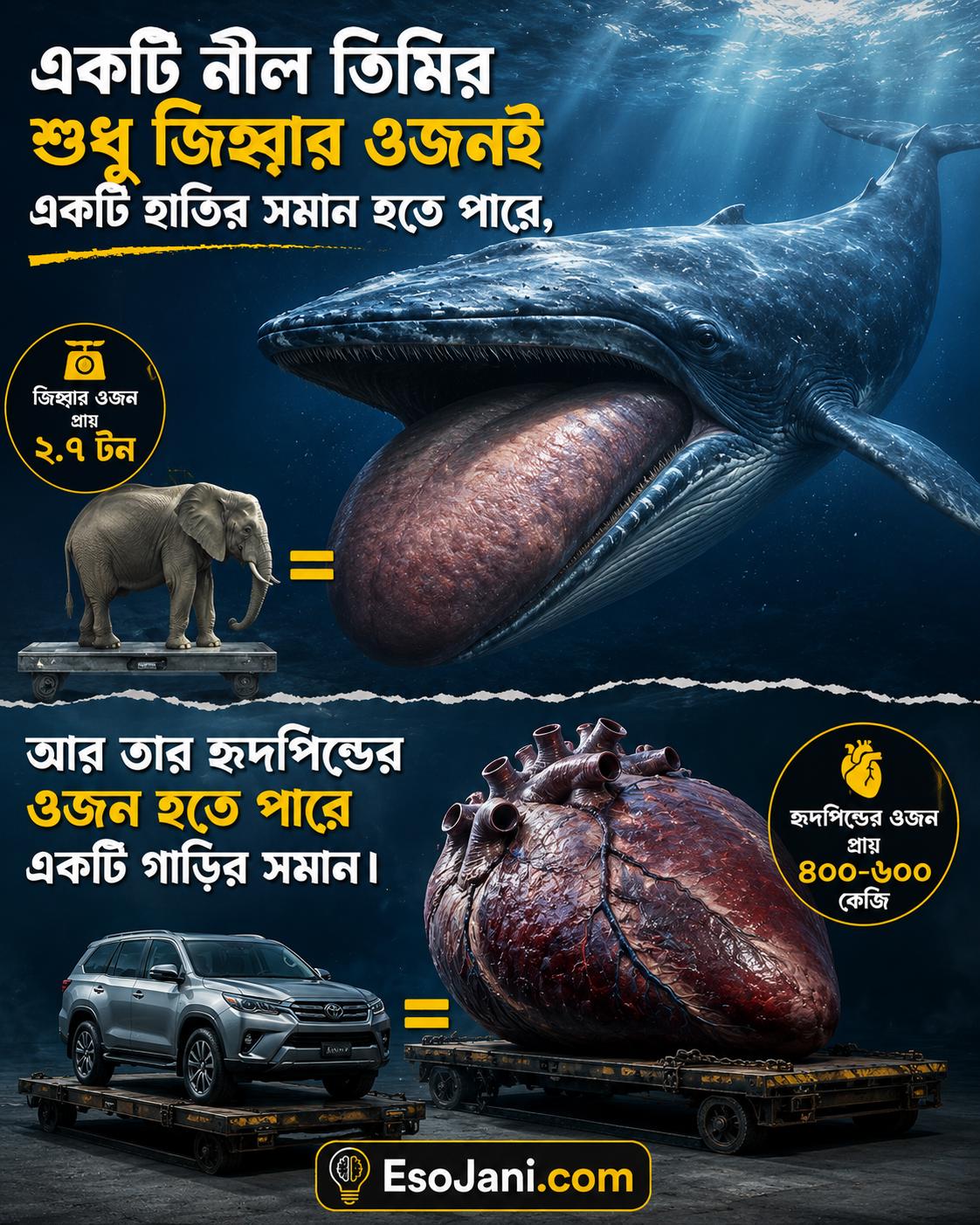 একটি নীল তিমির শুধু জিহ্বার ওজনই একটি হাতির সমান হতে পারে, আর তার হৃদপিণ্ডের ওজন হতে পারে একটি গাড়ির সমান।