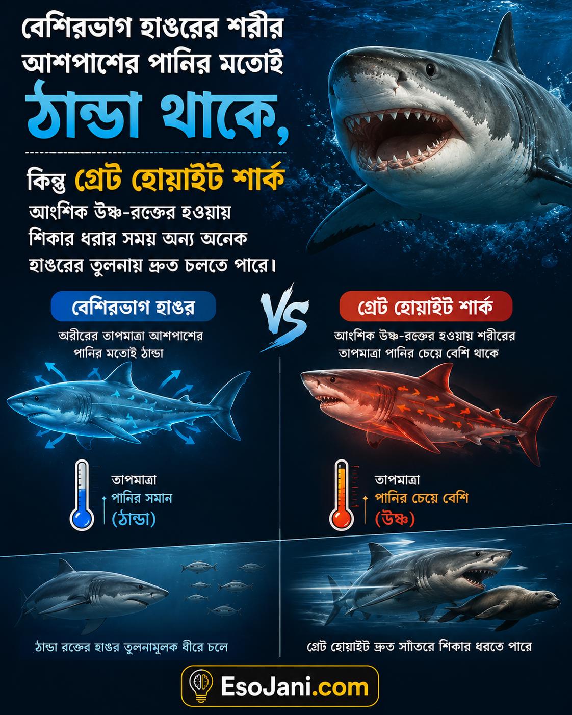 বেশিরভাগ হাঙরের শরীর আশপাশের পানির মতোই ঠান্ডা থাকে, কিন্তু গ্রেট হোয়াইট শার্ক আংশিক উষ্ণ-রক্তের হওয়ায় শিকার ধরার সময় অন্য অনেক হাঙরের তুলনায় দ্রুত চলতে পারে।