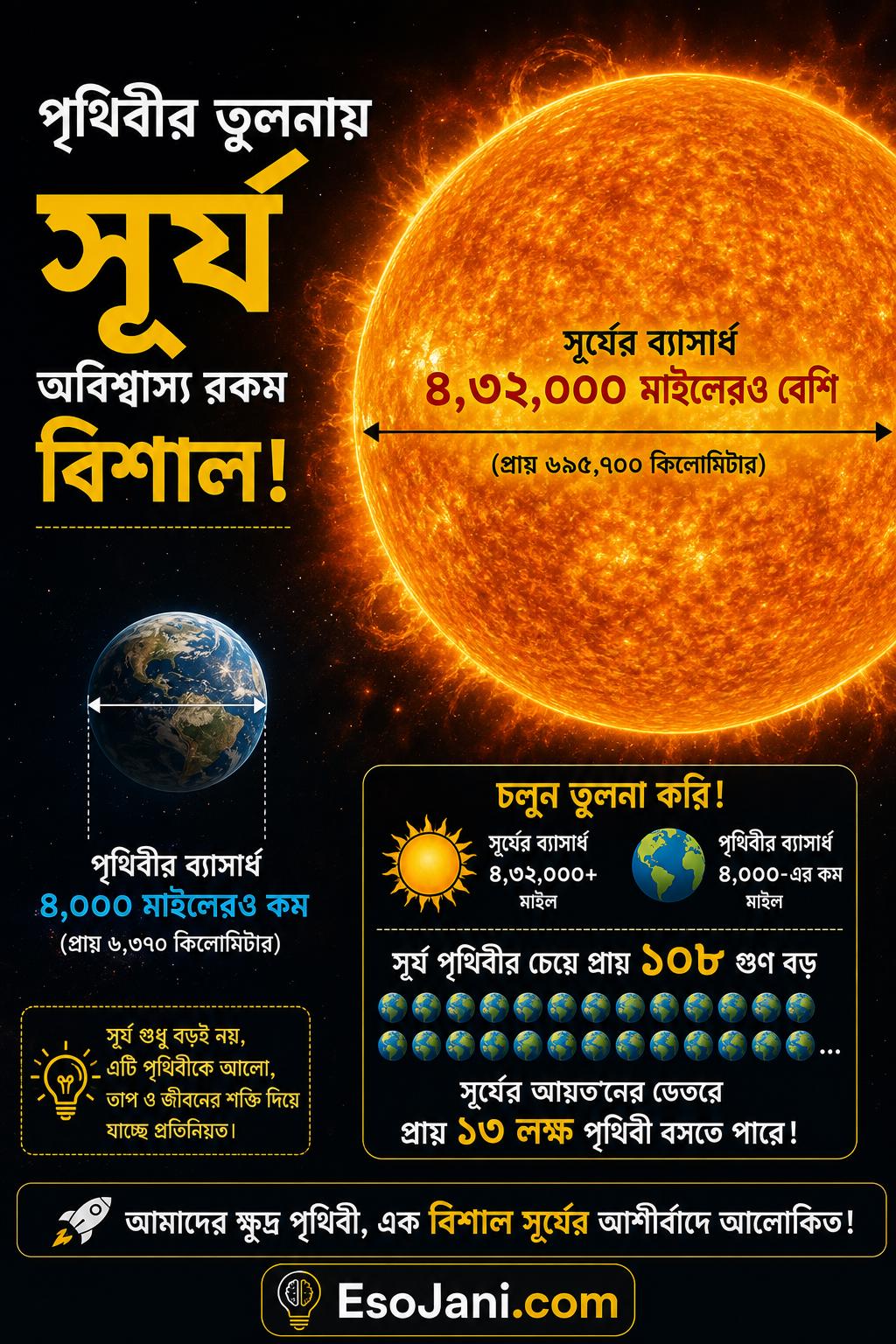 পৃথিবীর তুলনায় সূর্য অবিশ্বাস্য রকম বিশাল—সূর্যের ব্যাসার্ধ ৪,৩২,০০০ মাইলেরও বেশি, যেখানে পৃথিবীর ব্যাসার্ধ ৪,০০০ মাইলেরও কম।