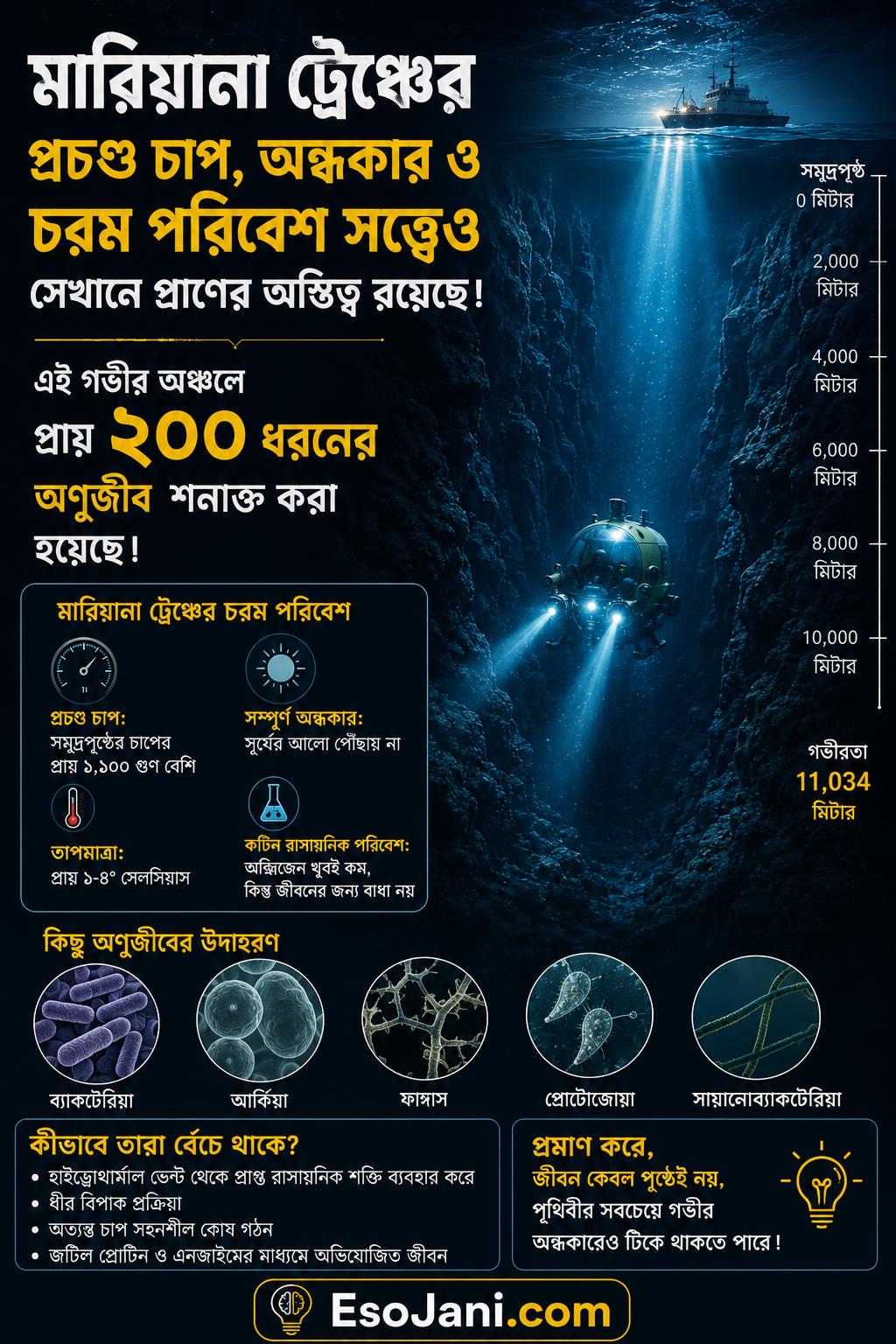 মারিয়ানা ট্রেঞ্চের প্রচণ্ড চাপ, অন্ধকার ও চরম পরিবেশ সত্ত্বেও সেখানে প্রাণের অস্তিত্ব রয়েছে; এই গভীর অঞ্চলে প্রায় ২০০ ধরনের অণুজীব শনাক্ত করা হয়েছে।