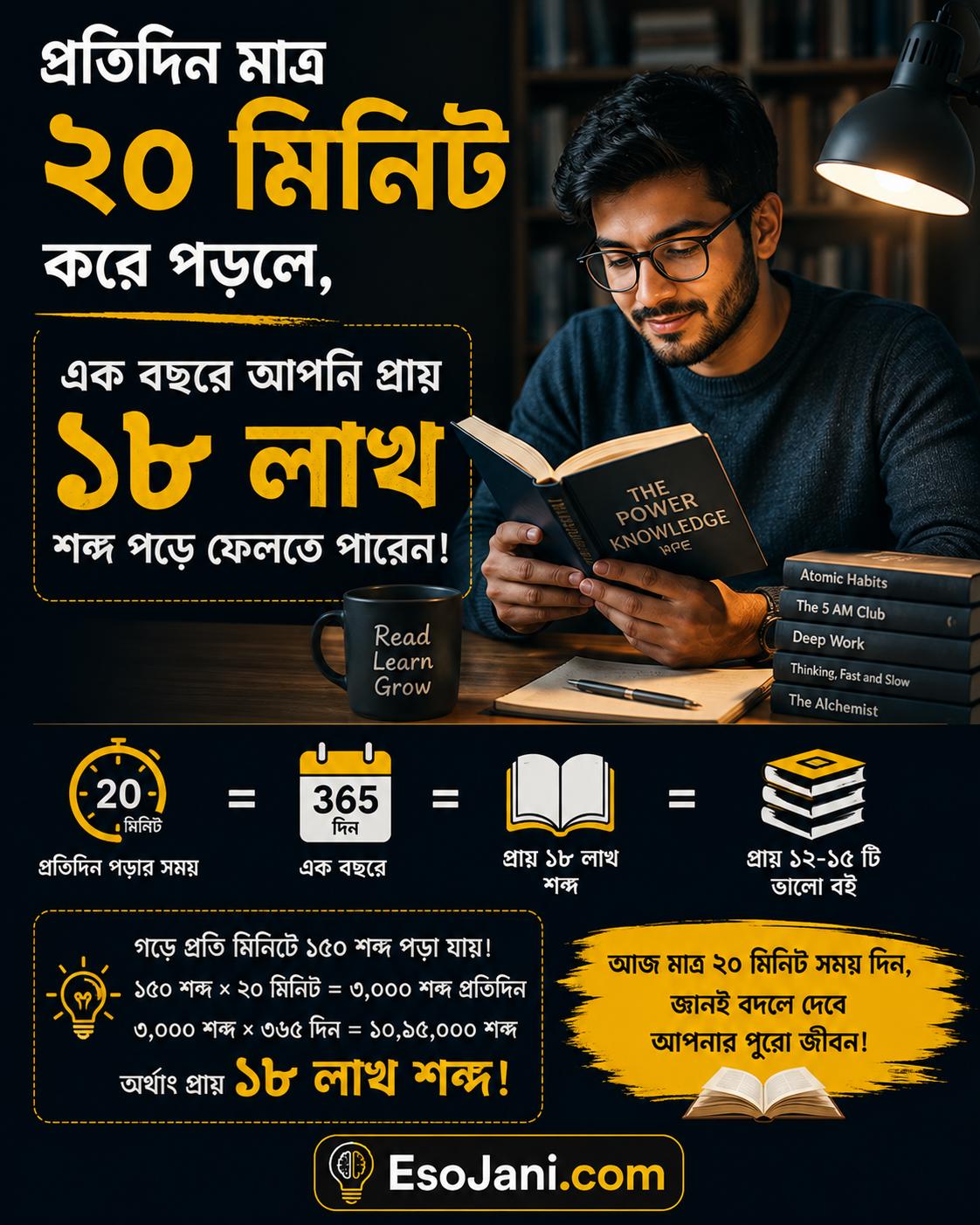 প্রতিদিন মাত্র ২০ মিনিট করে পড়লে এক বছরে আপনি প্রায় ১৮ লাখ শব্দ পড়ে ফেলতে পারেন।
