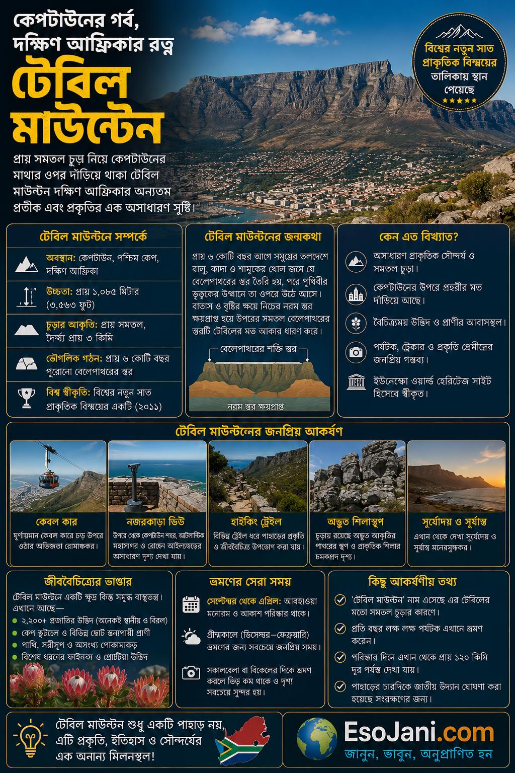 দক্ষিণ আফ্রিকার কেপটাউনের মাথার ওপর প্রায় সমতল চূড়া নিয়ে দাঁড়িয়ে থাকা টেবিল মাউন্টেনের উচ্চতা প্রায় ১,০৮৫ মিটার এবং এটি বিশ্বের নতুন সাত প্রাকৃতিক বিস্ময়ের তালিকায় স্থান পেয়েছে।